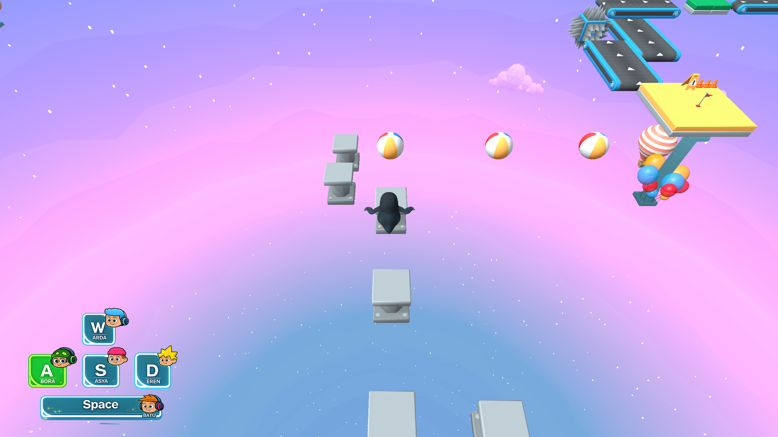Gameplay screenshot showing the character crossing floating pastel platforms